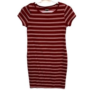 Maroon And White Striped Ribbed Fitted Dress. Size X-Small.
